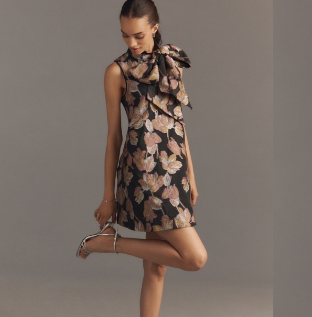 Anthropologie Maeve Caroline Sleeveless Bow Tie Neck Jacquard  Mini Dress
